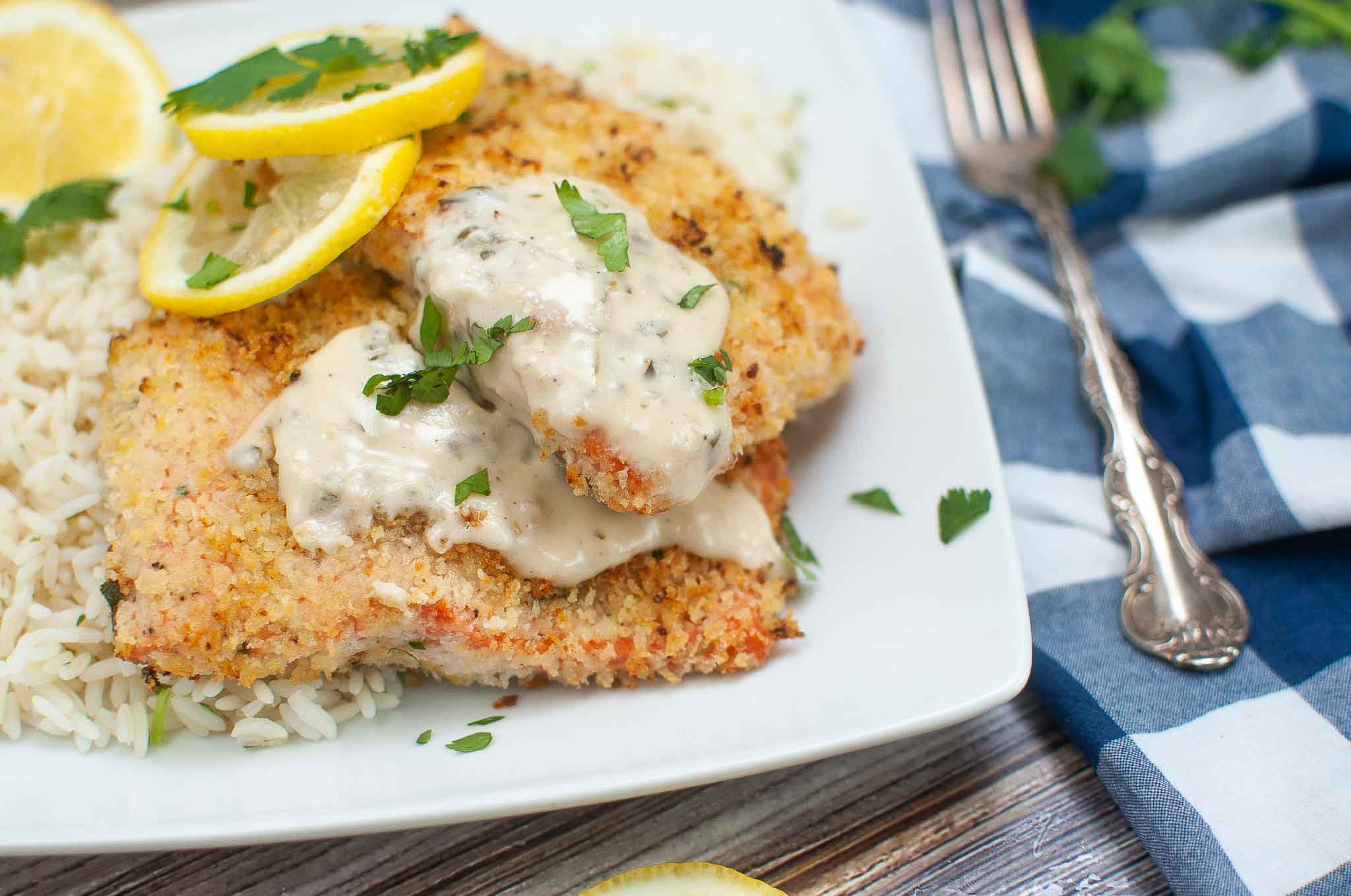 Air Fryer Parmesan Crusted Salmon With White Wine Sauce